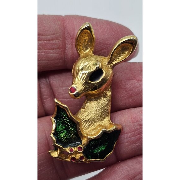 Vintage Christmas Rudolph The Red Nosed Reindeer With Holly Brooch Pin MCM - Picture 7 of 7